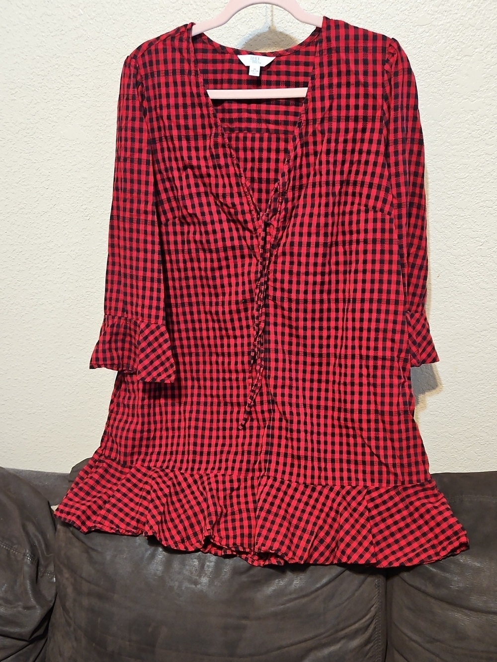 Time and Tru Red and Black Plaid Ruffle Hem Blouse